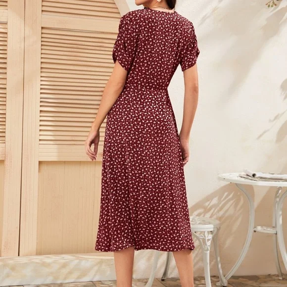 Boho Burgundy floral print button up v neck Puff Sleeve dress - Picture 8 of 14